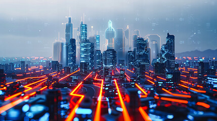Urban Night Skyline and Modern Architecture, City Lights and Traffic, Concept of Future Technology and Business Development