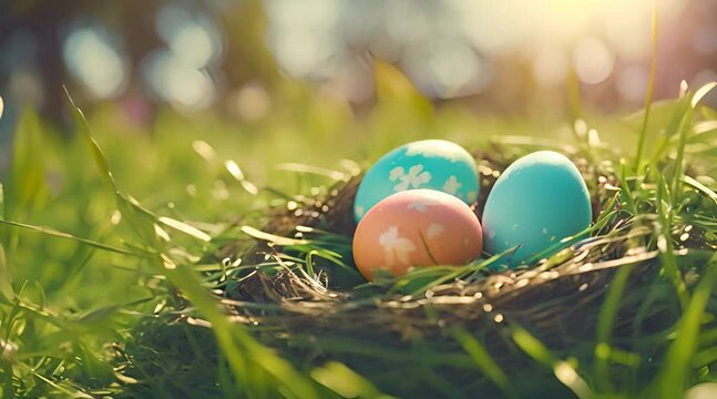 Nest with easter eggs in grass on a sunny spring day.