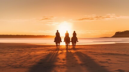 Silhouette of two women on horseback riding on the beach at sunset