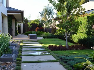 Modern garden construction with stones and grass and herbs