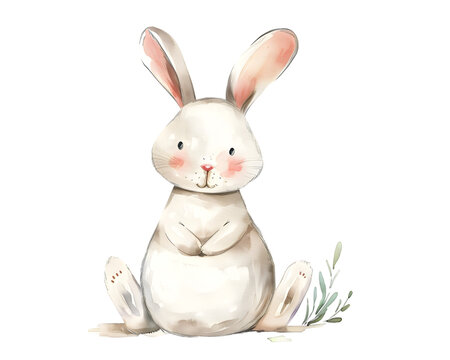 Cute Rabbit or Hare hand painted watercolor illustration isolated on transparent background