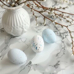 Obraz premium Easter table, with elegant and simple Easter decorations in the form of blue Easter eggs