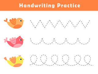 Handwriting practice sheet with cute bird illustration . Basic writing. Educational game for children. Handwriting practice worksheets for kids.	