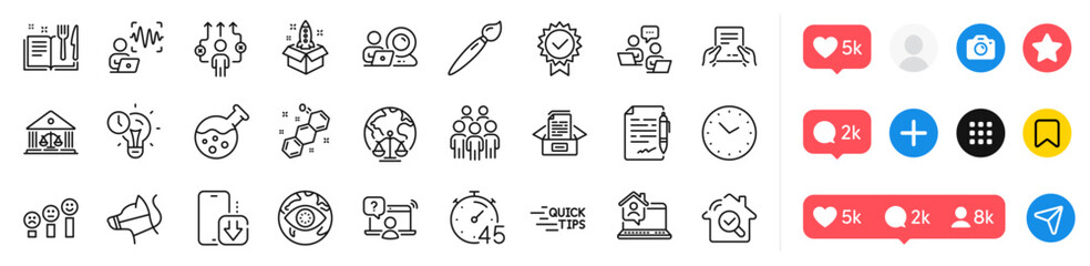 Dog leash, Court building and Timer line icons pack. Social media icons. Business way, Receive file, Chemistry lab web icon. Certificate, Magistrates court, Voice wave pictogram. Vector