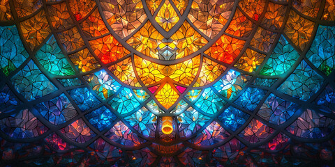 A stained glass window with a flower pattern in the center - obrazy, fototapety, plakaty