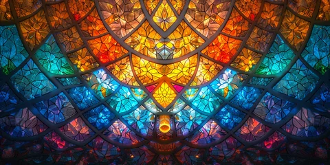 Poster Coloré A stained glass window with a flower pattern in the center