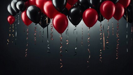  red and black balloons as they float against the dark background. 