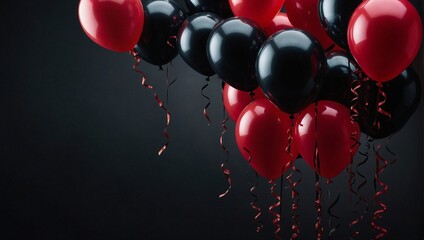  red and black balloons as they float against the dark background. 