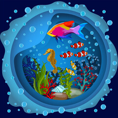 Abstract aquarium with fish.Vector illustration of a banner with fish, shellfish and plants of the underwater world.