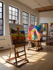 Sunlit art studio space with large windows, dedicated easels, and vibrant artwork on display, creating an inspirational haven for creativity