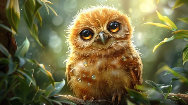 a painting of an owl sitting on a tree branch with drops of water on it's face and eyes.