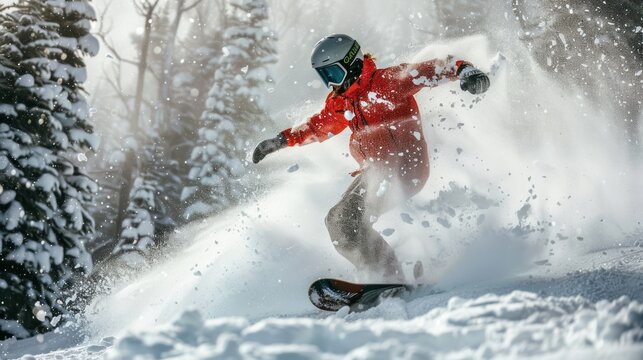 Snowboarder going down ski slope on snow background, man in mask rides snowboard spraying powder in winter. Concept of sport, extreme, speed, downhill, piste, splash