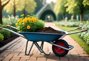 wheelbarrow with flowers in the garden - obrazy, fototapety, plakaty