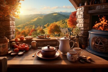 Cozy October morning in a countryside cottage - obrazy, fototapety, plakaty