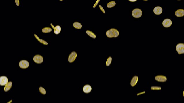 Explosion of gold coins, Rain of coins, coins fall from above, with transparency, dollars, low density, large