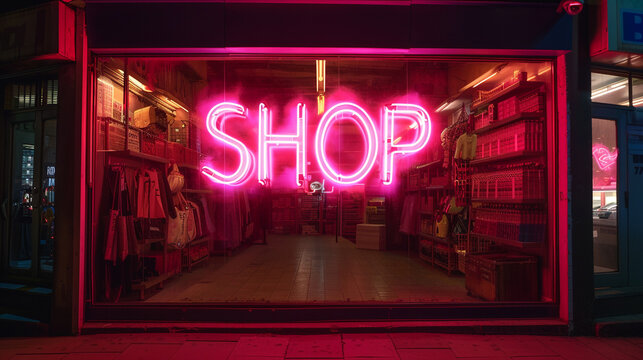 The neon lights form the words "SHOP OPEN" against a bold and striking red background, creating a sense of urgency and excitement, ideal for attracting attention in a bustling urban setting.