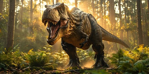 A huge Tyrannosaurus rex roars through a prehistoric forest, demonstrating its strength and dominance.