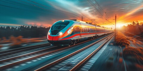 An elegant modern train rushes through the railway station against the backdrop of sunset.