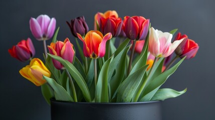 Colorful tulips fill a sleek black vase, their vibrant hues contrasting against the dark backdrop