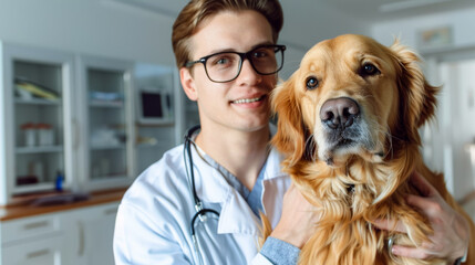 Young Veterinarian in Glasses Petting a Noble Healthy Golden Retriever Pet in a Modern Veterinary Clinic. Handsome Man Looking at Camera and Smiling Together with the Dog