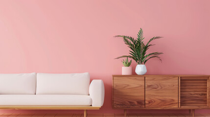 Fototapeta na wymiar Minimalist living room interior with pink wall