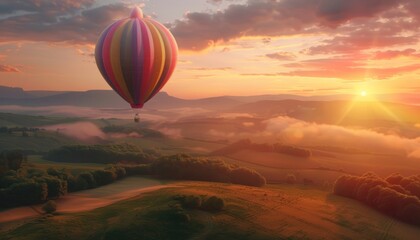 A hot air balloon floating in the air - obrazy, fototapety, plakaty