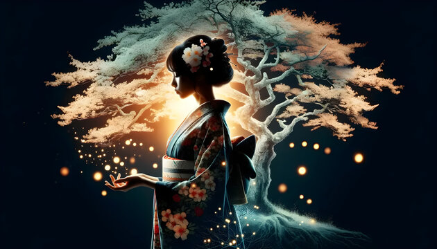 A surreal image blending a woman in traditional attire with a ghostly tree and ethereal light orbs against a dark backdrop.
