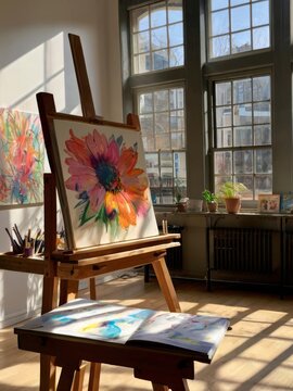 Sunlit art studio space with large windows, dedicated easels, and vibrant artwork on display, creating an inspirational haven for creativity