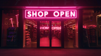The phrase "SHOP OPEN" glows warmly in neon against a rich maroon background, casting a comforting and inviting light, creating an ambiance of accessibility and warmth.