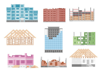Building under construction site house frame industrial structure set isometric vector illustration