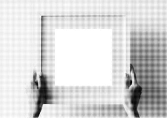 Halftone image of hands holding a square picture frame with a transparent background