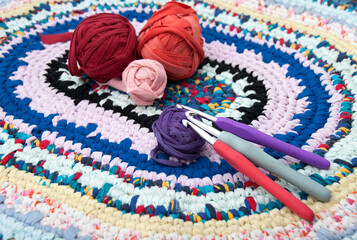 Colored rug and crochet hooks
