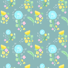 Abstract minimalistic groovy retro pattern with dandelions. Summer floral seamless background. Plant background for fashion, wallpapers, print. A lot of different flowers on the field. - obrazy, fototapety, plakaty