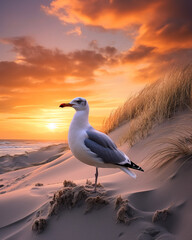 photo Seagull standing on sand dunes on the beach at sunset сreated with Generative Ai