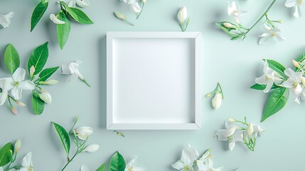 A pristine white empty picture frame centered amidst a delicate arrangement of fragrant jasmine flowers on a neutral background, evoking a sense of purity and simplicity. - obrazy, fototapety, plakaty