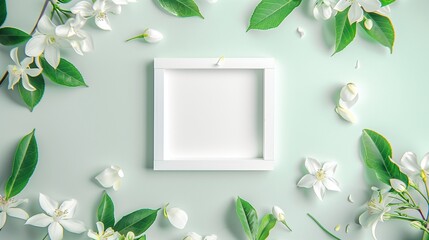 A pristine white empty picture frame centered amidst a delicate arrangement of fragrant jasmine flowers on a neutral background, evoking a sense of purity and simplicity. - obrazy, fototapety, plakaty