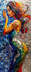 Mosaic of a beautiful woman with long hair on the background of stained glass. - 757146539