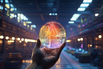 Hand holding a glowing ethereum coin with a blurred background of a cryptocurrency mining farm.