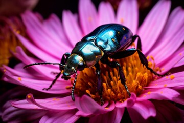 Macro shot of a beetle exploring vibrant flower petals.