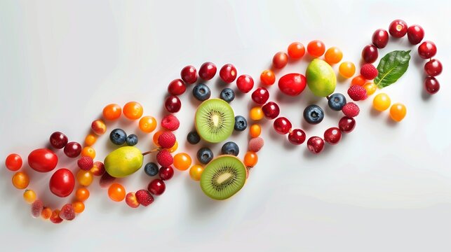Colorful fruits and berries meticulously placed to form a double helix, symbolizing the DNA structure, representing the innovative field of nutrigenomics.