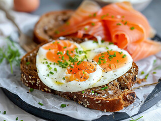 traditional smørrebrød sandwich from Denmark with salmon or other fish, bread and cheese, - obrazy, fototapety, plakaty