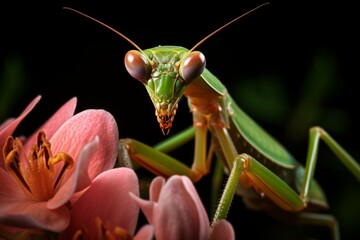 Close-up of a praying mantis perched on a flower bud.