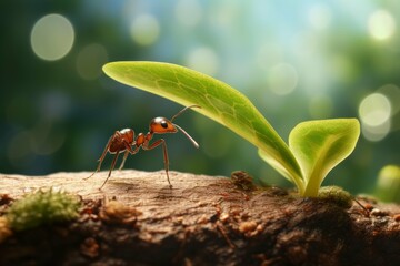 Macro shot of an ant carrying a tiny leaf.