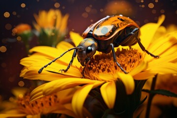 Close-up of a colorful beetle resting on a yellow flower.