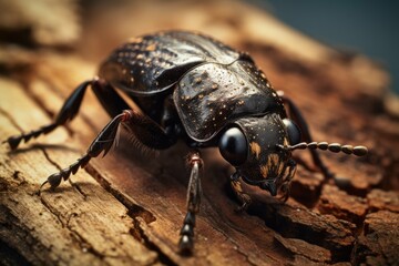 Macro shot of a beetle crawling on a textured tree bark.