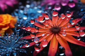 Close-up of water droplet on a spider's web reflecting colorful flowers.