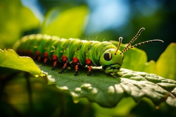 Macro shot of a caterpillar munching on a green leaf.