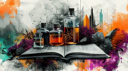 Modern Art Collage: Halloween Magic with Spell Book and Potions

