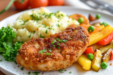 Dinner plate with fried pork chop, mashed potatoes, and vegetables