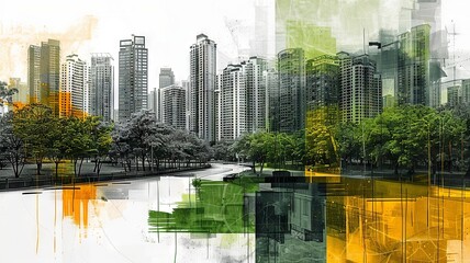 Modern Art Collage: Minimalist City Skyline with Integrated Nature

